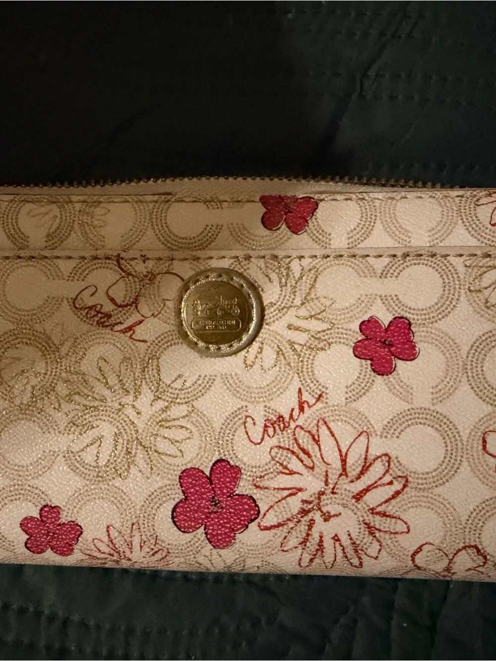Coach Waverly Cream Signature Long Zip Wallet with Pink Floral Accents